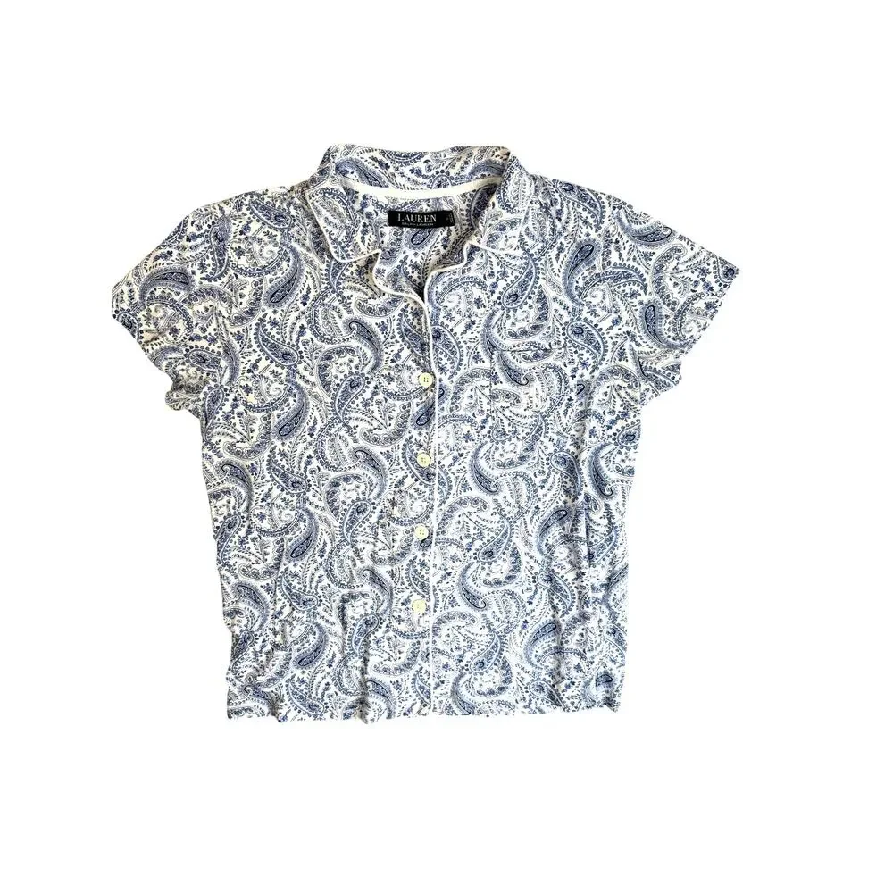 Ralph Lauren Pajama SET Womens Medium Blue Paisley Top Shorts Lounge Preppy